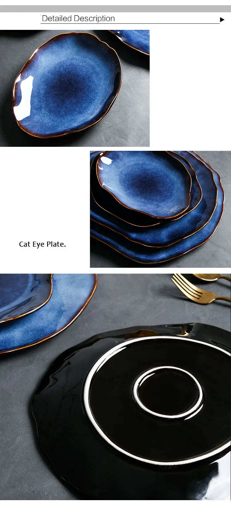 Ceramic Plates Deep Blue Irregular Flat Plate Pottery Dish Household Decoration Tableware Dinnerware Tray Hotel Kitchen Supplies