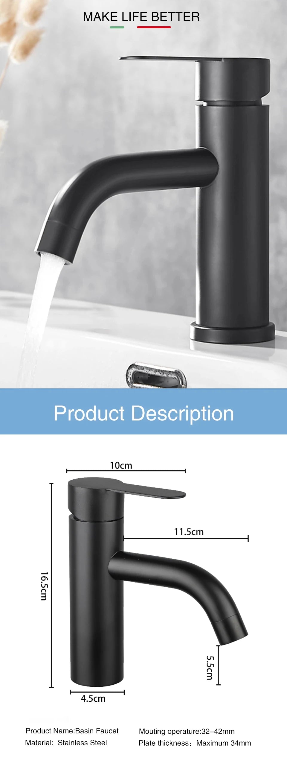Black Basin Faucet Stainless Steel Bathroom Sink Faucet Washbasin Tap Hot Cold Water Sink Mixer Bathroom Crane Tap