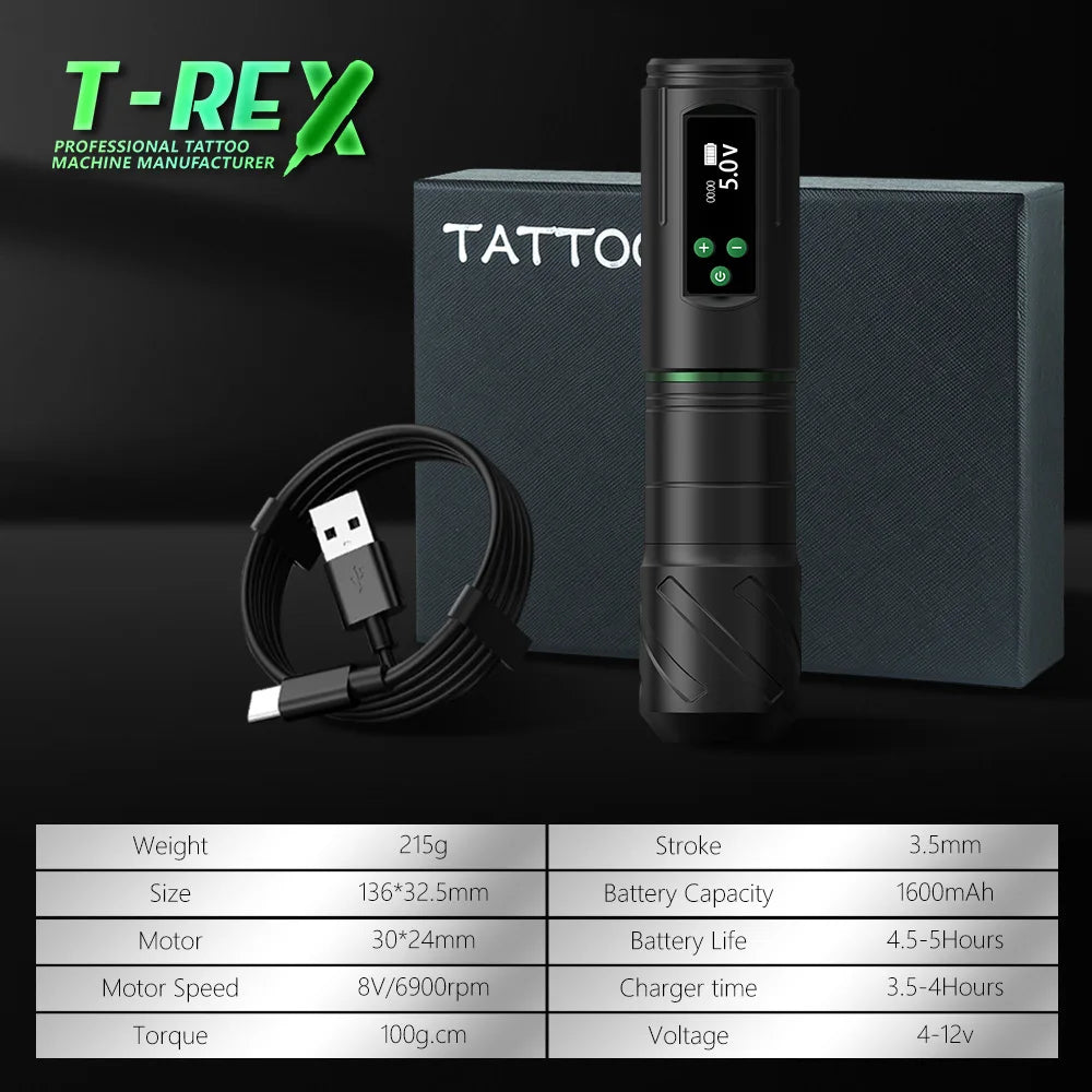 Kiss of Dragon Tattoo Kit Wireless Tattoo Machine Pen Kit 3.5mm Stroke Custom Motor 1600mAh LCD Screen Battery Complete Kit