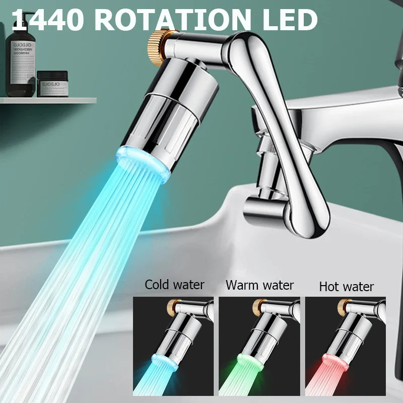LED Temperature Sensor Kitchen Faucet Extender Metal Swivel Bathroom Tap Bubbler Nozzle 1440° Robotic Arm Tap Faucet Extension
