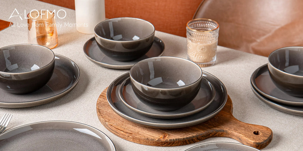 12-Piece Purple-Gray Reactive Glaze Ceramic Tableware Set for 4 People – Soup Bowls, Salad Plates, Dessert Dishes, Pasta Bowls &