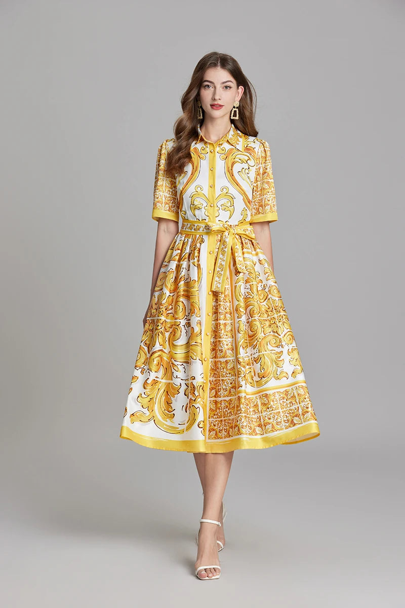 Summer Holiday Yellow Paisley Print Shirt Dresses Women's Turn Down Neck Short Sleeve Belt High Waist Beach Party Vestidos
