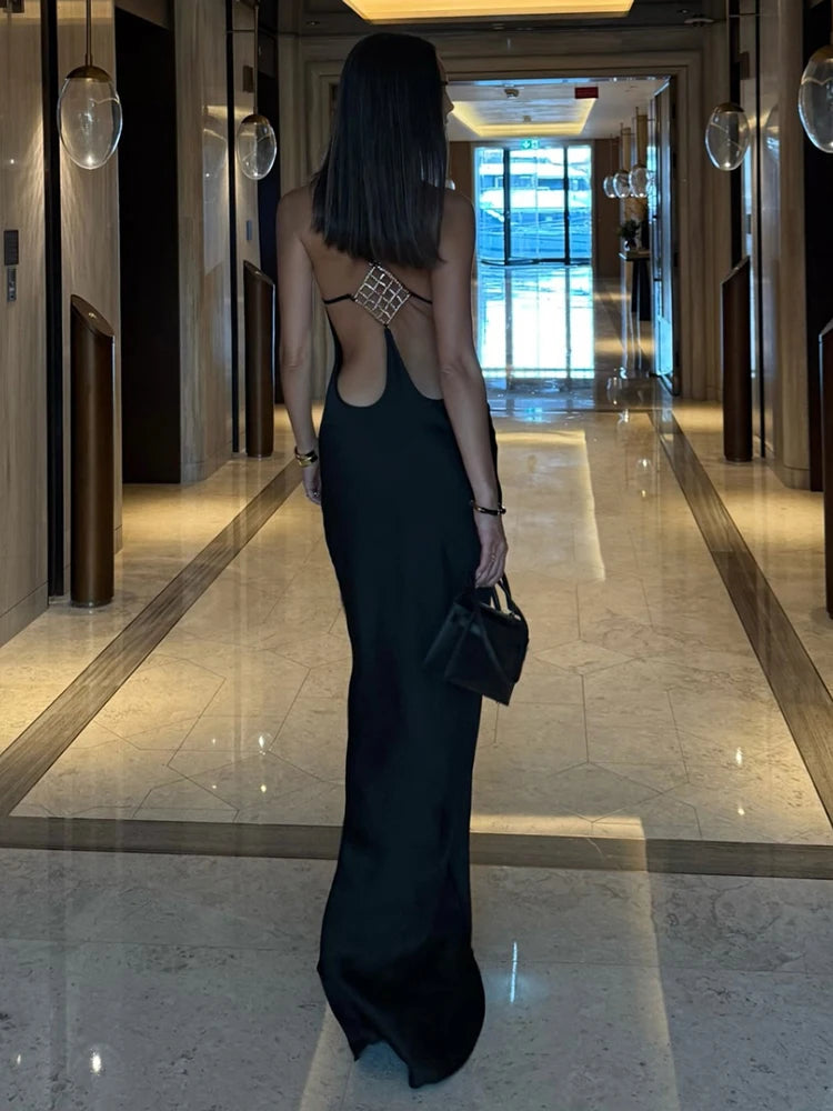 Nibber Sleeveless Halter Satin Dress Women Metal Buckle Elegant Patchwork Fashion Classic Evening Party Backless Long Bodycon