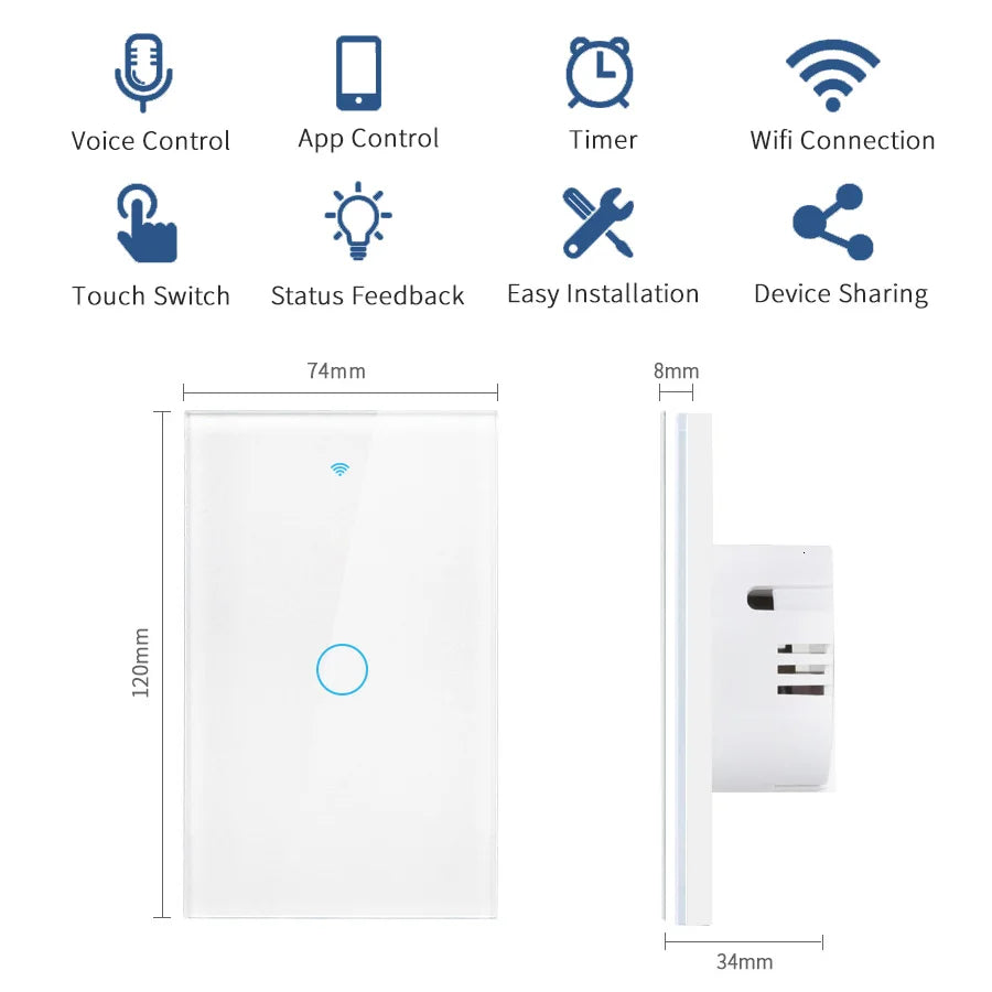 Smart Wifi Touch Switch Neutral Wire/No Neutral Wire Required US 1/2/3/4 Gang Light Switch Works with Tuya Smart Life App