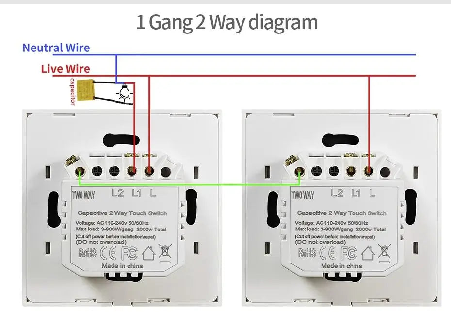 1gang 2way 3way Touch Switch Wall Light Switches No Neutral Wire With Tempered Glass 240V No Wifi No RF433