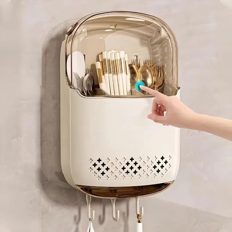 ㉤Kitchen Utensil Organizer Wall Mounted Cutlery Holder Kitchen Wall-mounted Shelf Organizer With Dustproof Cover For Tableware