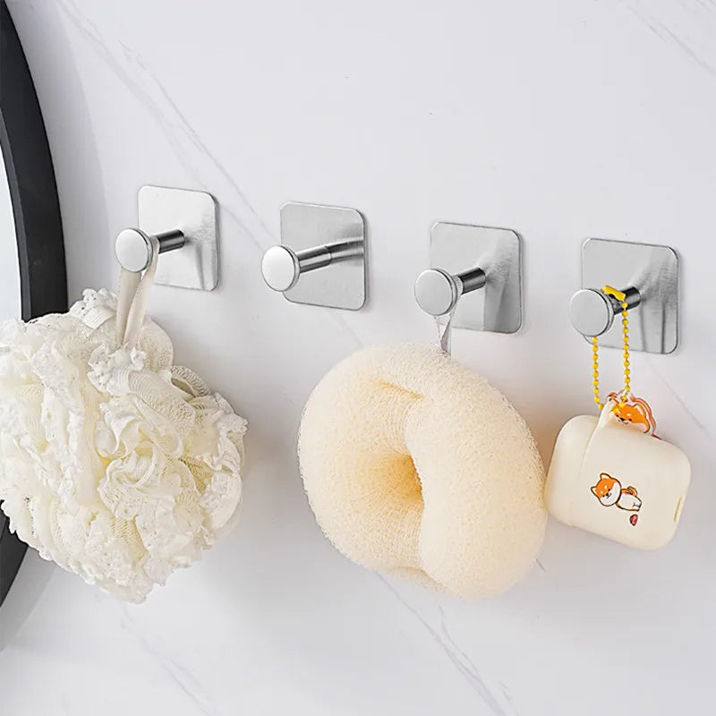 1/4pc Stainless Steel Wall Hooks Adhesive Door Key Clothes Coat Hanger Bathroom Robe Towel Hanging Holder Kitchen Organizer Hook