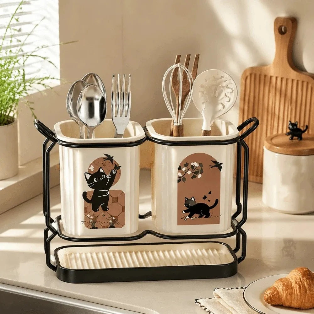 Cute Cat Kitchen Storage Basket Durable Standing Chopsticks Holder Organizer No-drill Tableware Drainer Kitchen