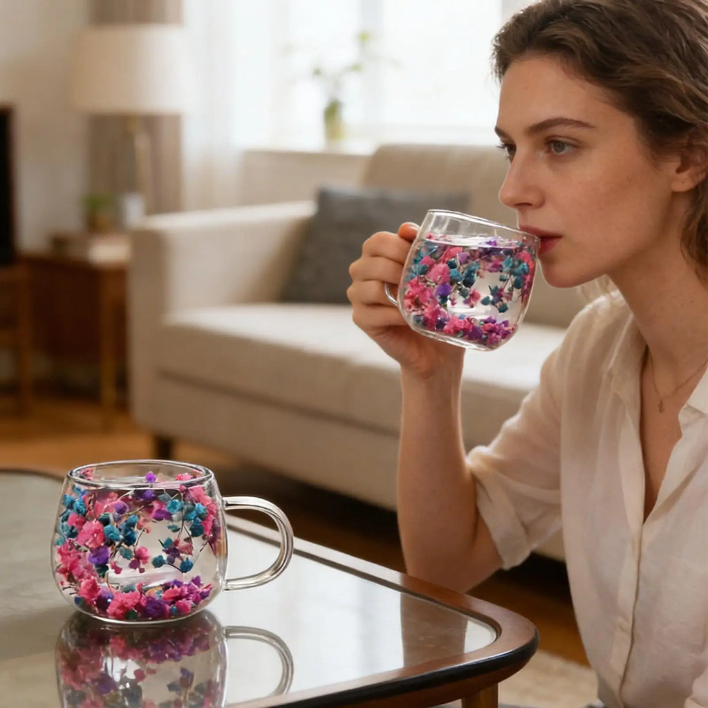 300ml Glass Cup with Dried Flower Heat Resistant Drinking Glasses for Water Juice Milk Coffee Tea Home Cafe Office Party