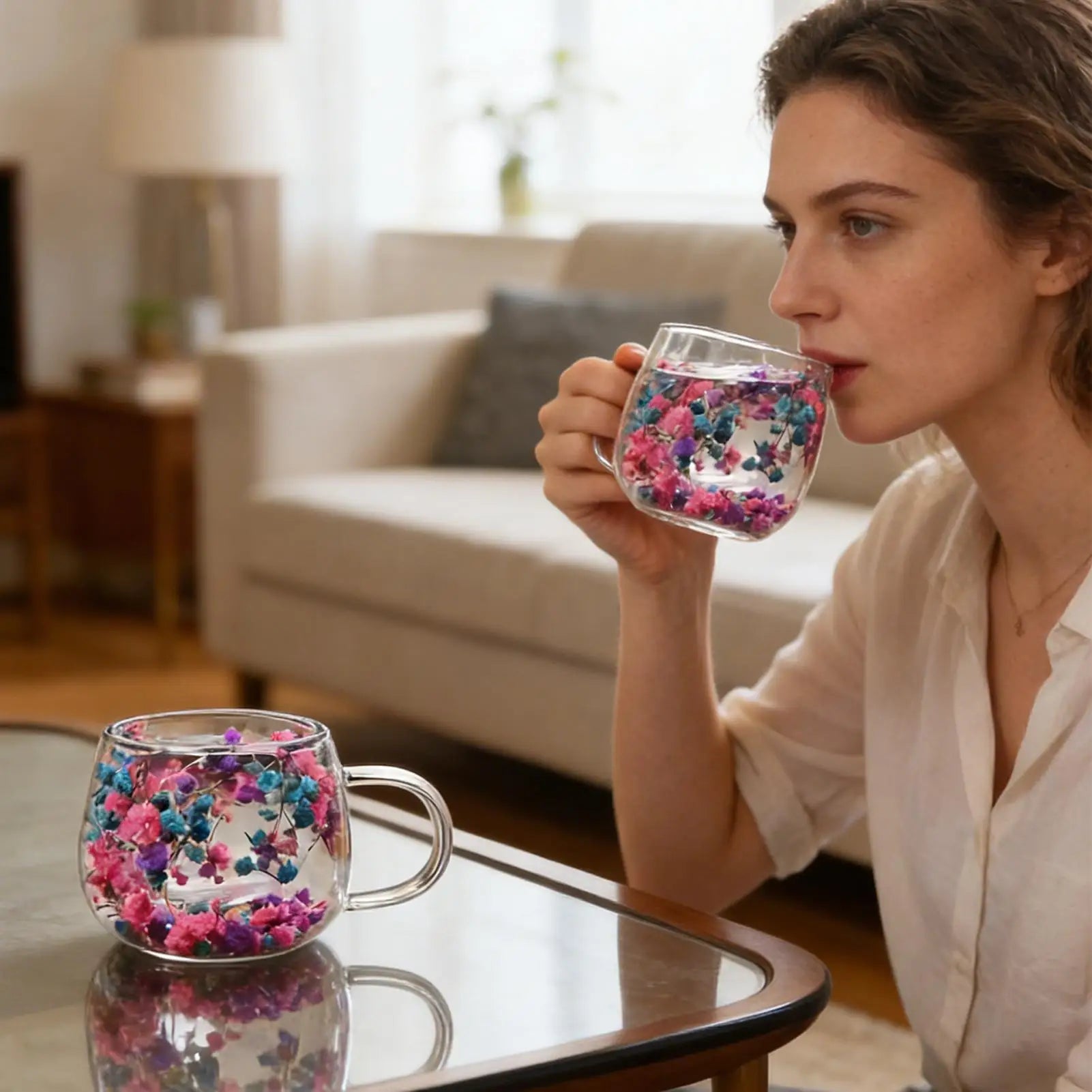 300ml Glass Cup with Dried Flower Heat Resistant Drinking Glasses for Water Juice Milk Coffee Tea Home Cafe Office Party