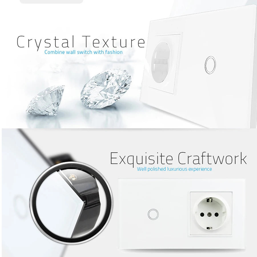 Touch Light Switch With EU Power Wall Sockets White Black 300W Led 1 Gang 1 Way Crystal Glass Panel Interruptor 157mm*86mm