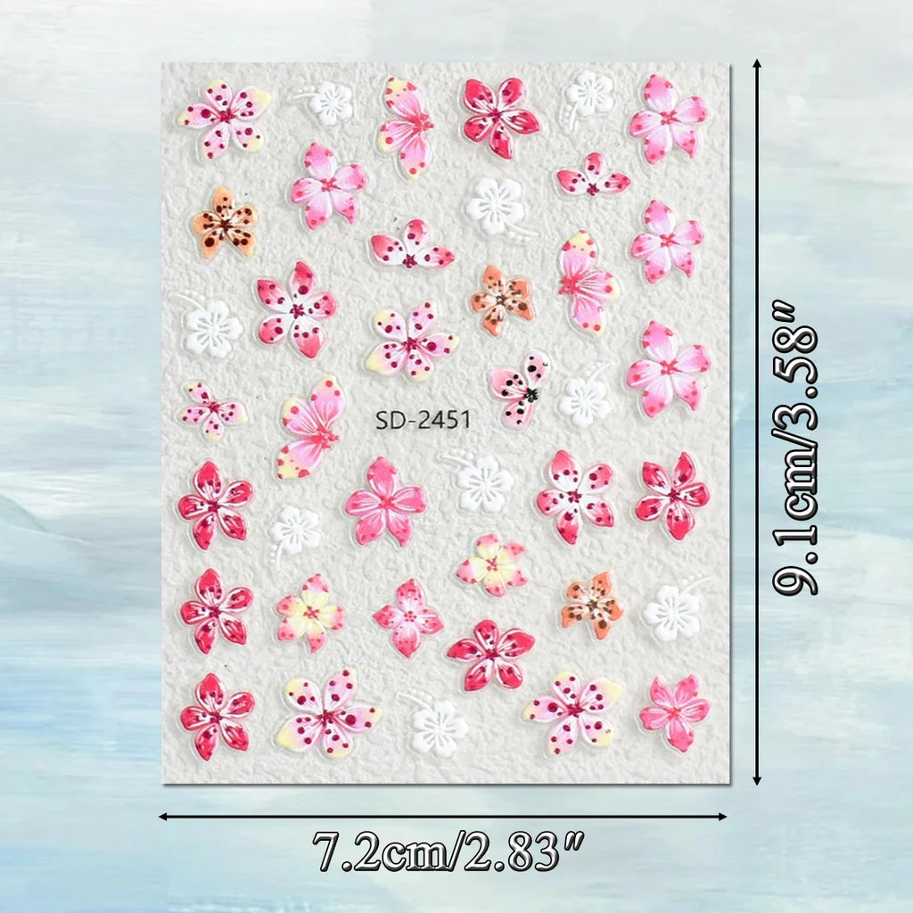 3 to 120 Sheets Tropical Flower Nail Stickers Hibiscus Butterfly Starfish Nail Decals 5D Embossed Self Adhesive Summer Nail Art