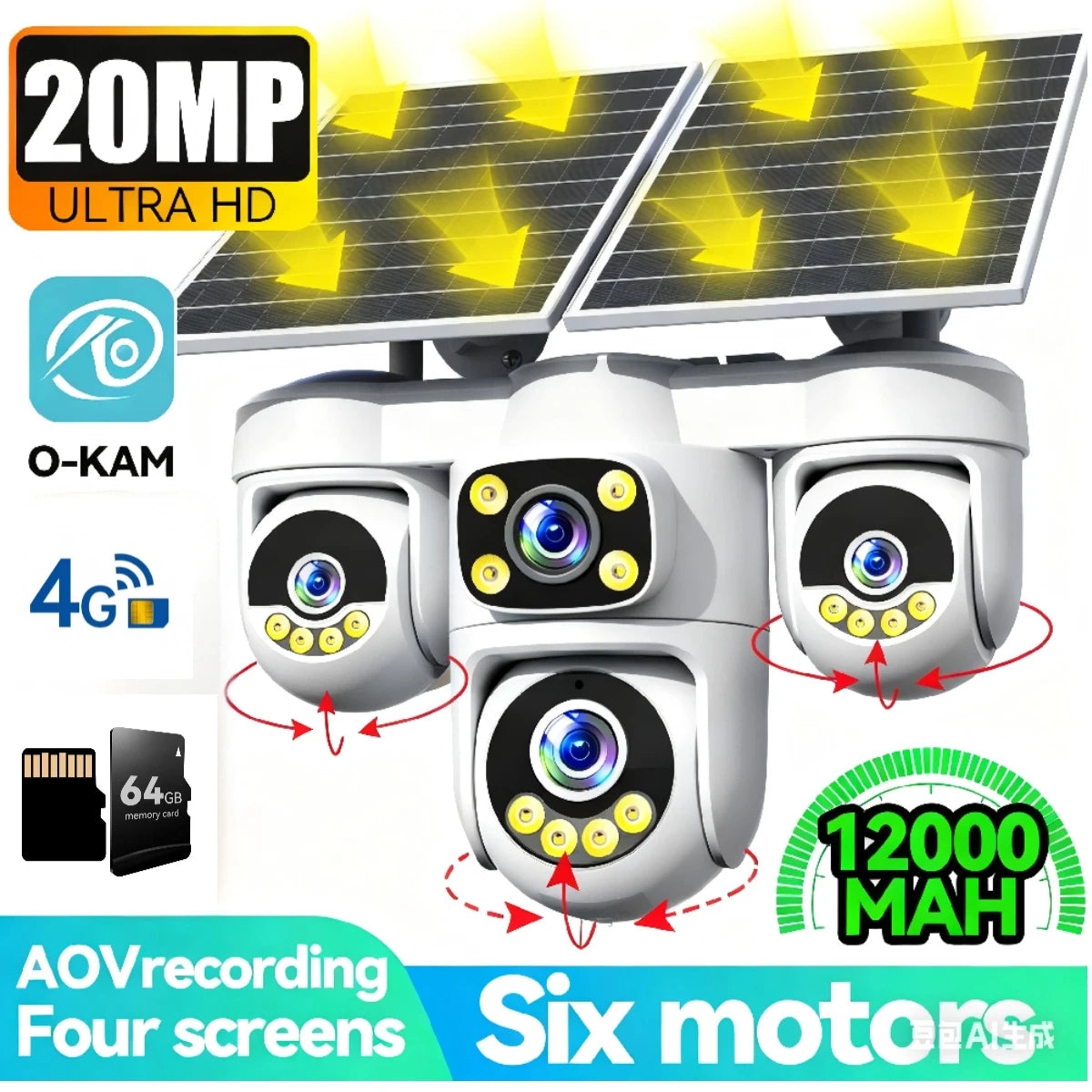 No Wiring Needed! Solar Security Camera 20MP, 360° Auto Tracking, Permanent Power, Full Color Night Vision, 2-Way Audio, IP66