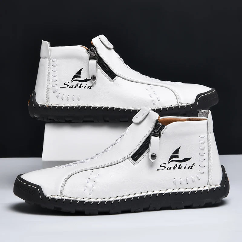 Handmade Leather Casual Shoes For Men Sneakers Men Flat Footwear Zipper Leather Boots Men Ankle Plus Size 39-48