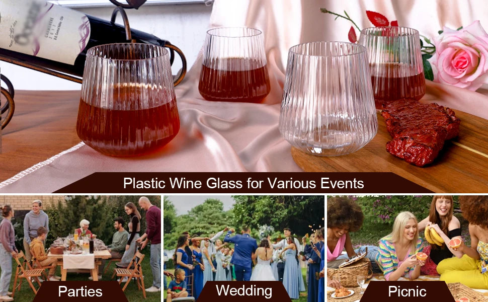 12-48Pcs 14oz Plastic Ribbed Wine Glasses Disposable Stemless Wine Glasses Plastic Cocktail Glasses for Party Unbreakable