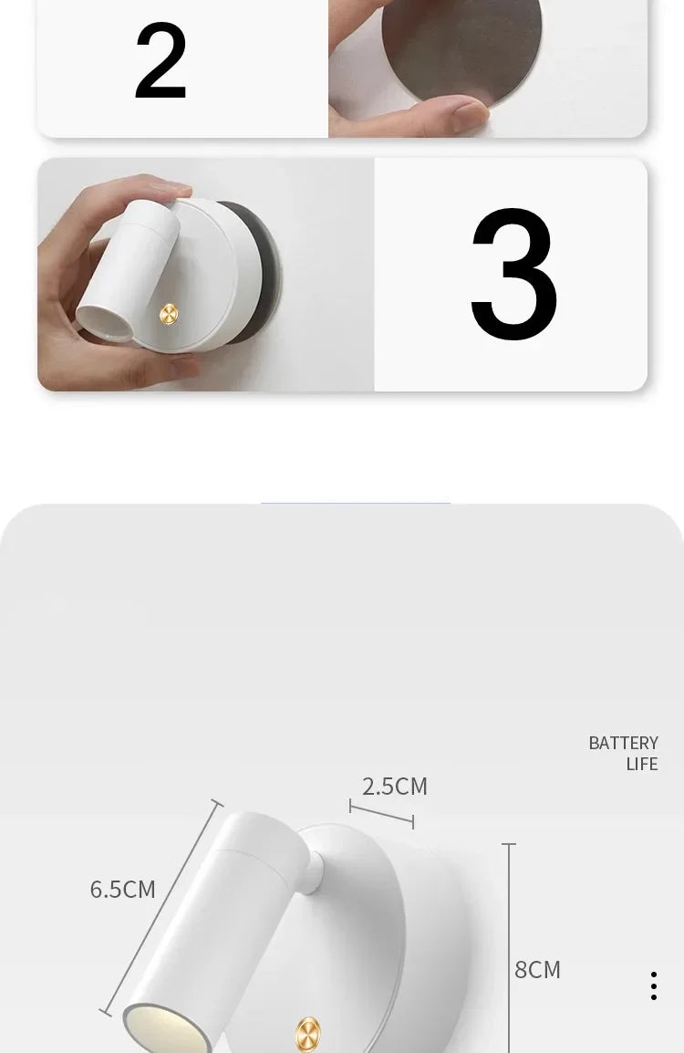 LED Bedroom Wall Light With Touch Switch Black White Magnet Magnetic Base Dimmable For Bedside Study Reading USB Rechargeable
