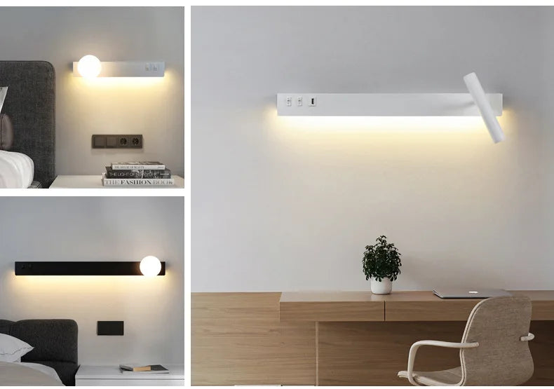 LED wall light with switch, rotatable USB reading spotlight, spotlighting, bedroom bedside hallway home decoration wall light