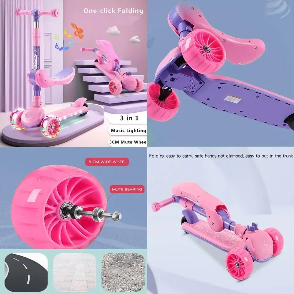 2-in-1 Scooters Kids 3 Wheel Kick Scooter for Boys Girls Adjustable Height & Seat Non-Slip Deck Sit or Stand Ride with Brake