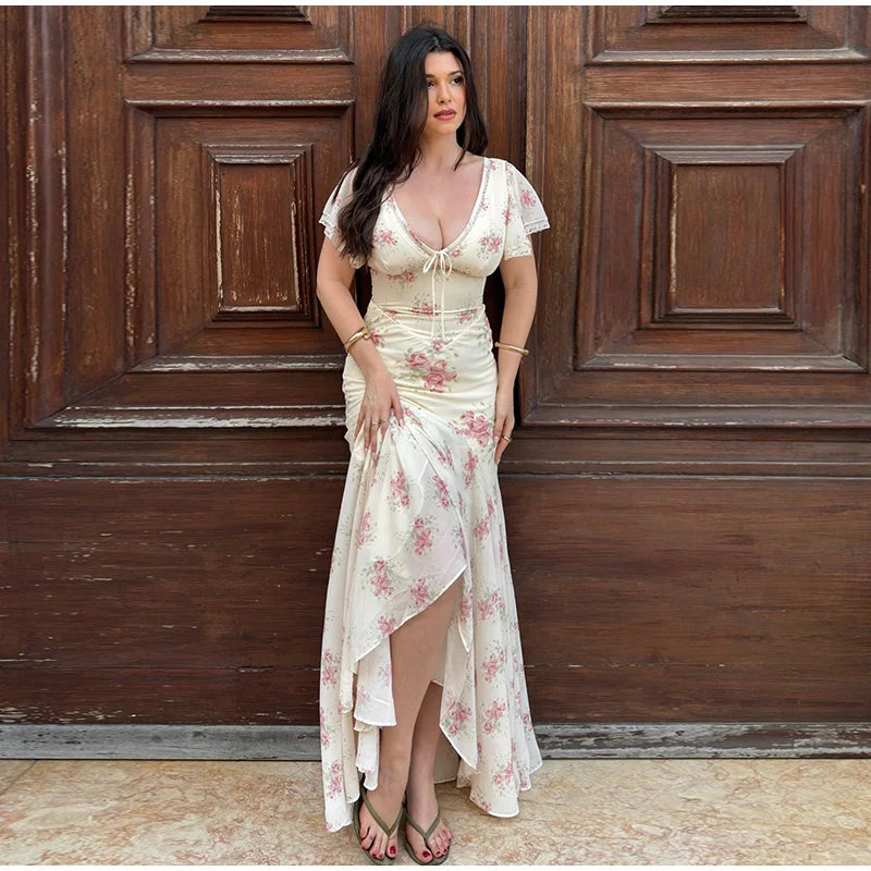 Elegant Sexy Print Fish Dress Women V Neck Short Sleeves High Waist Ruffles Split Vestidos Female 2026 Summer New Chic Dresses