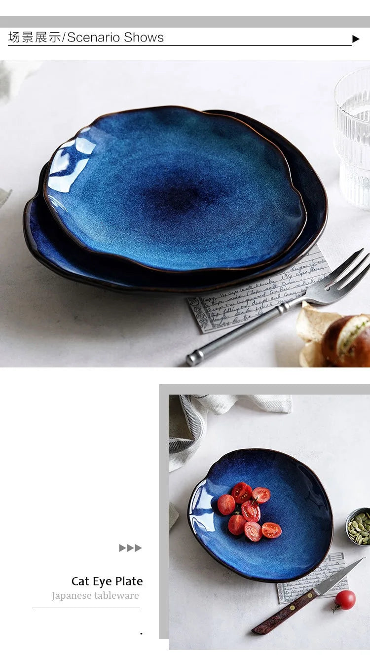 Nordic Style Blue Kiln Turned Ceramic Food Plate Steak Pasta Western Cuisine Plate Kitchen Utensils Dining Table Decoration