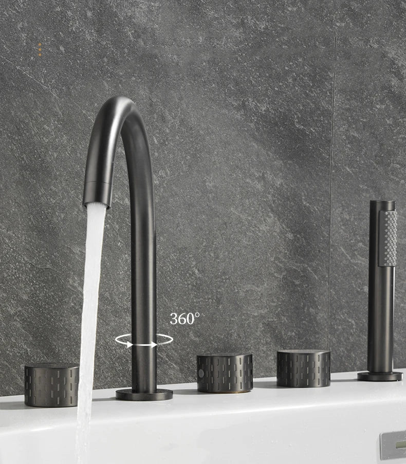 Gray Luxury Brass Deck-Mounted 5-Holes Bathroom Bath Tub Rotating Faucet Mixer Bathtub Basin Water Tap With Spray 3 Handles