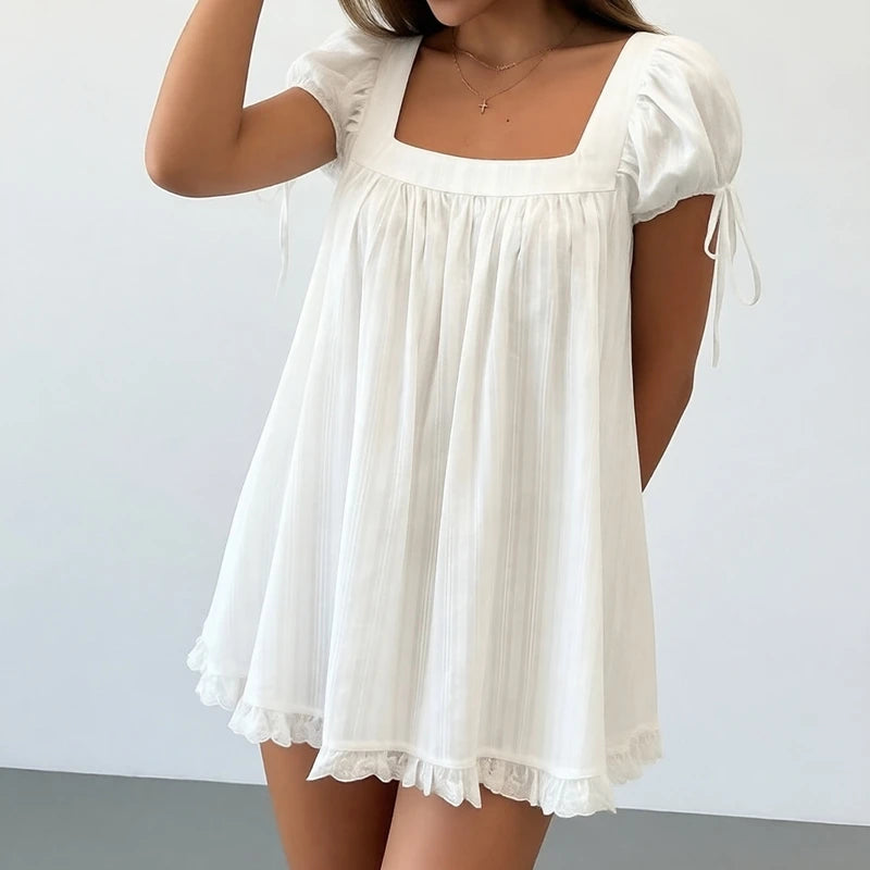 Bohemian Puff Sleeve Maternity Dress Women Square Neck A-line Mini Ruffled Dresses Fairy Vintage Loose Fit Flowy Short Dress