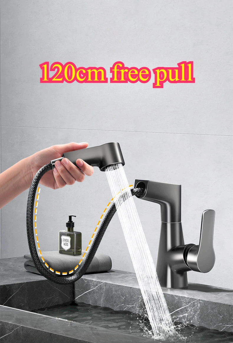 Basin Faucet Bathroom Pull Out Lift Mixer Tap Hot & Cold Water 360° Lift Up and Down Bathroom Sink Faucet