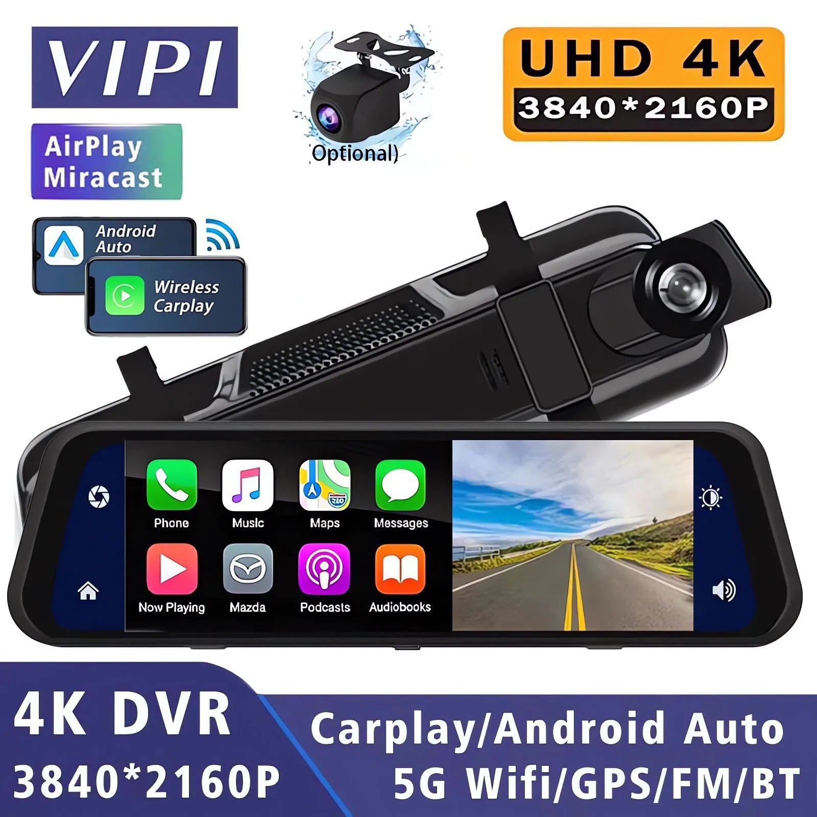 4K 3840*2160P Dash Cam Carplay Android-Auto Car DVR Dual Len 5G Wifi GPS BT FM Video Drive Recorder Stream Mirror Dashcam Camera