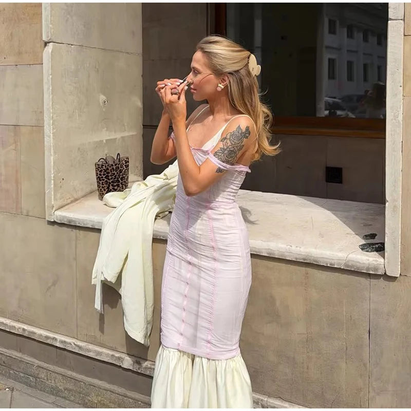 Sexy Sheer Mesh Overlay Midi Dress Women Sleeveless Sleeveless Spaghetti Strap Slim Dresses 2026 Lady Trendy Party Club Robe