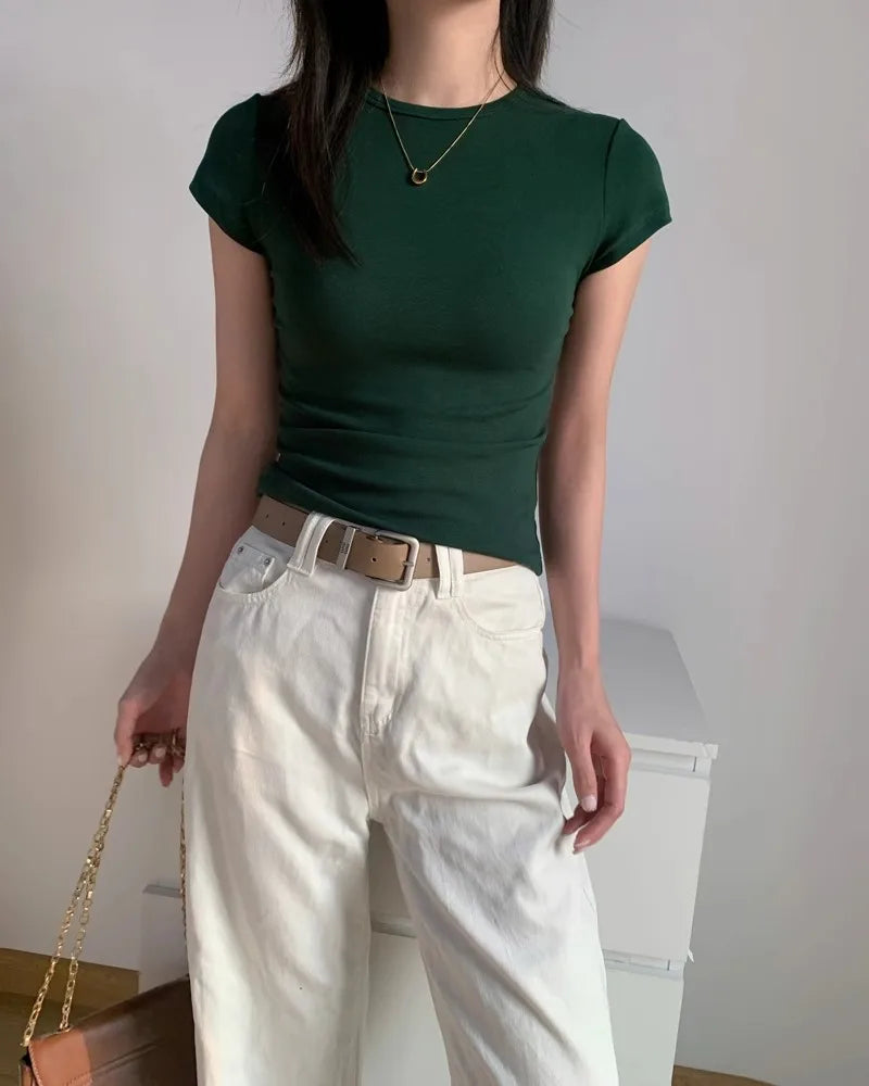 Green Slim Fit Short Sleeve T-Shirt Women's Summer New Style Pure Cotton round Neck Body Shaping Slimming Commute Style Korea...