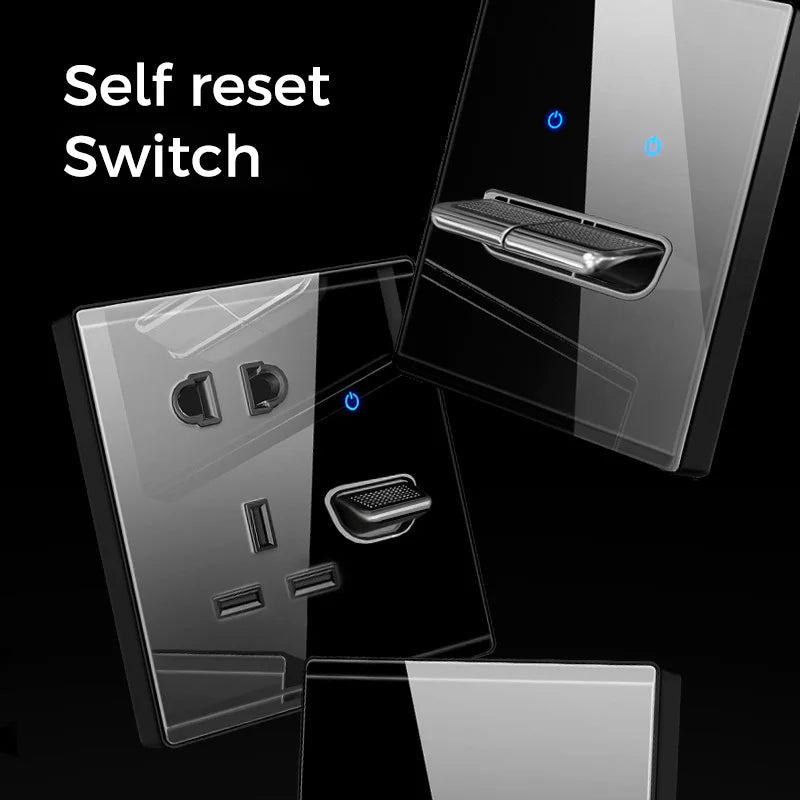 YINKA Crystal Tempered Glass Switch Panel LED Indicator 1 2 3 4 Gang/1 2 Way Self-reset Switch Button Light Switch Wall Switch