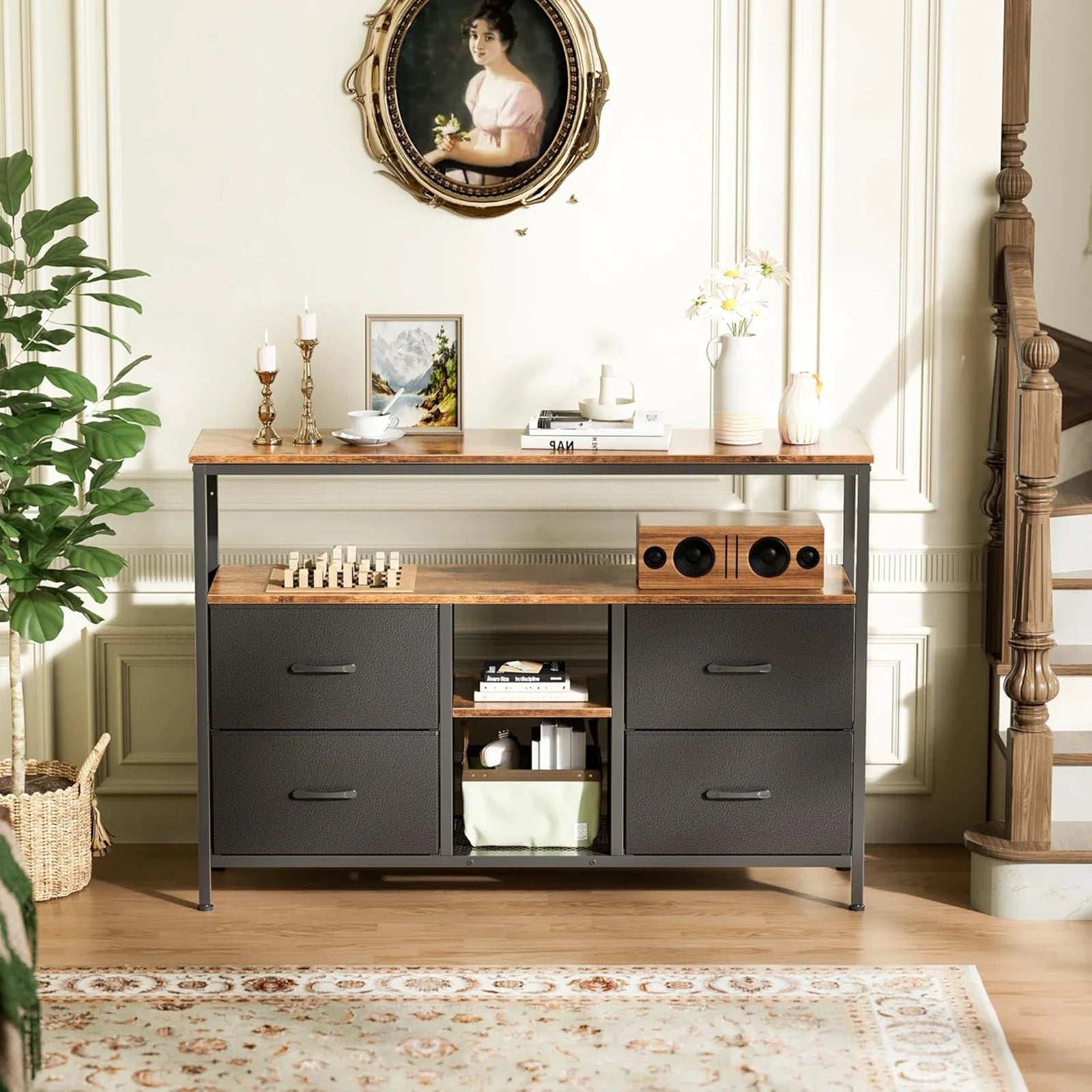 Rosahqnda TV stand with 4 drawers, TV cabinet, , adjustable shelves, TV table, TV cabinet living room furniture