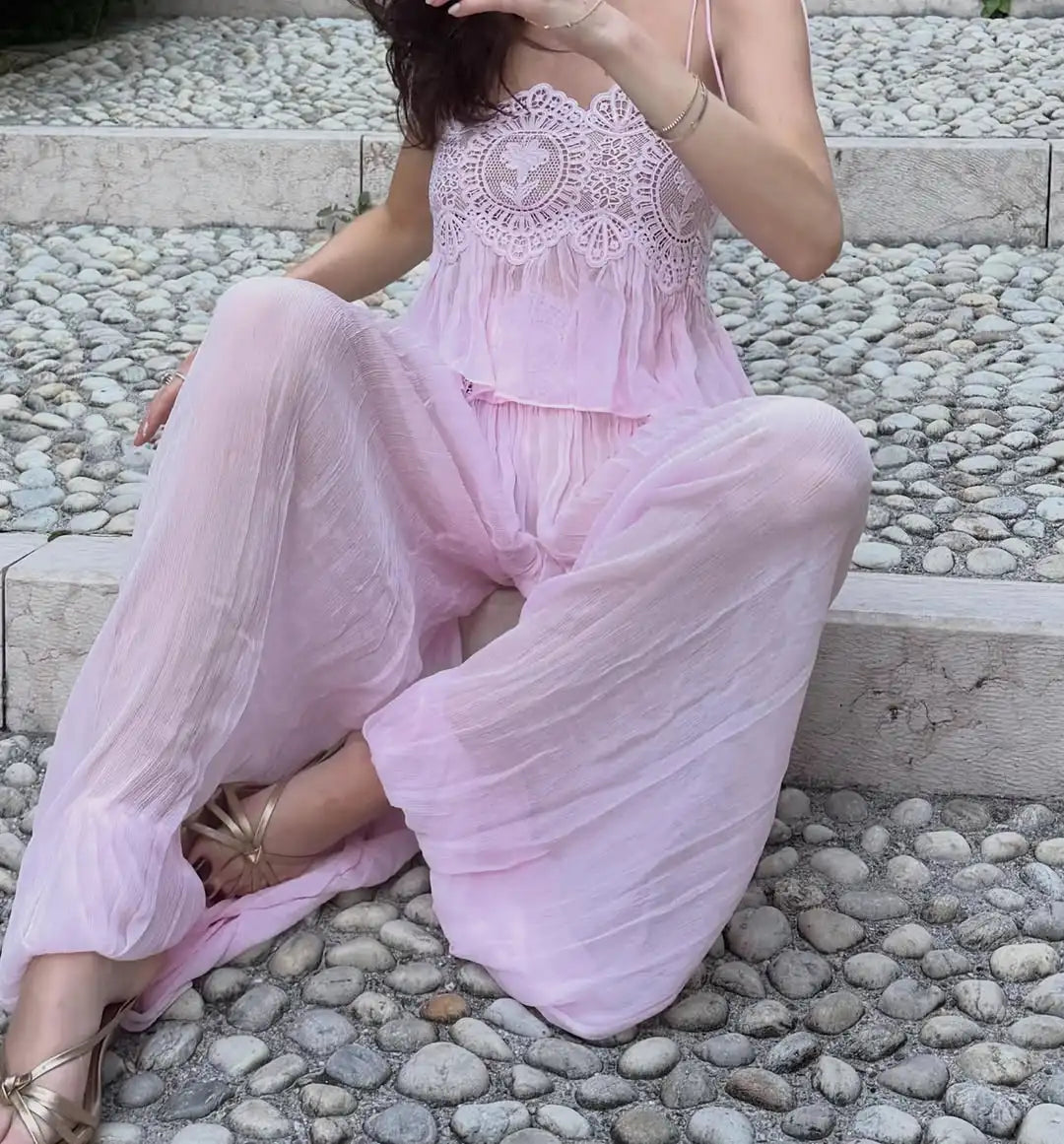 Lace Women Two Piece Set Camisole Tank Top See Through Wide Leg Jogger Pants Stylish Two Piece Outfit Lace Trim Detail  Fashion