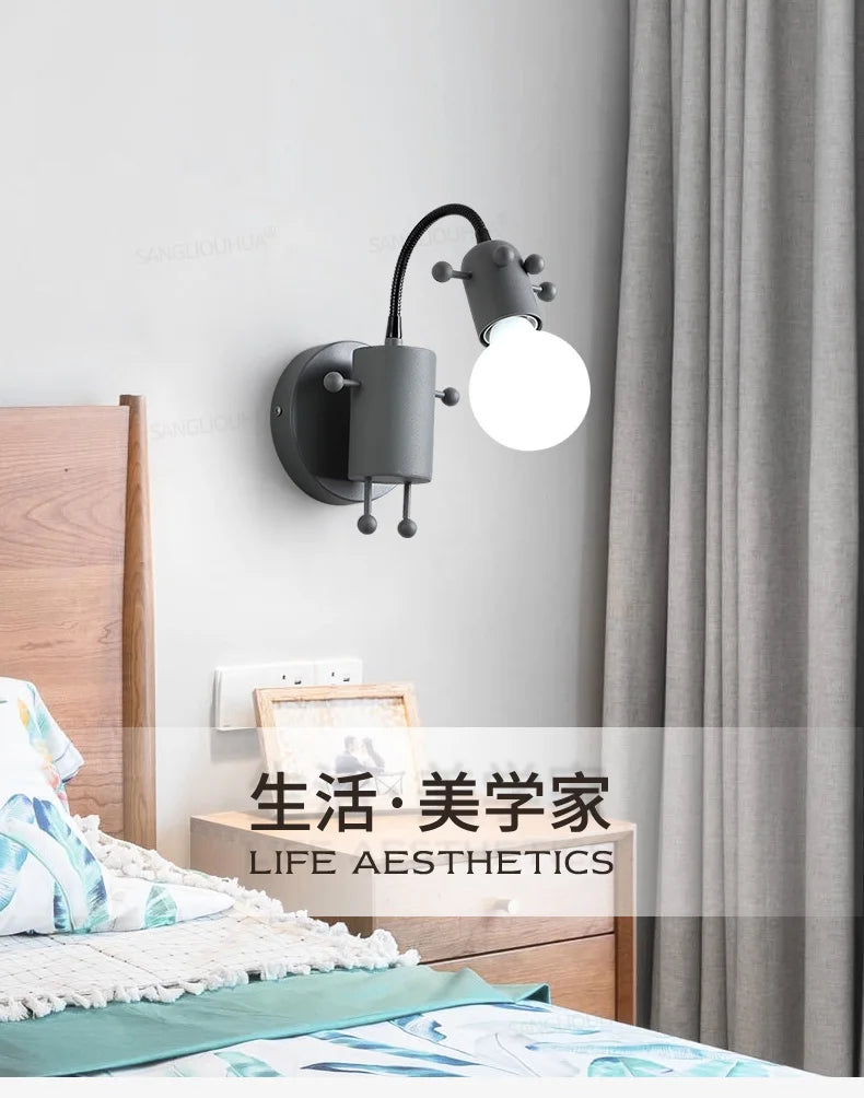 Modern LED  Wall Lamp Nordic Cartoon Doll Wall Lights  American Creative Metal Robot Sconce for Kids Baby Room Living Bedroom
