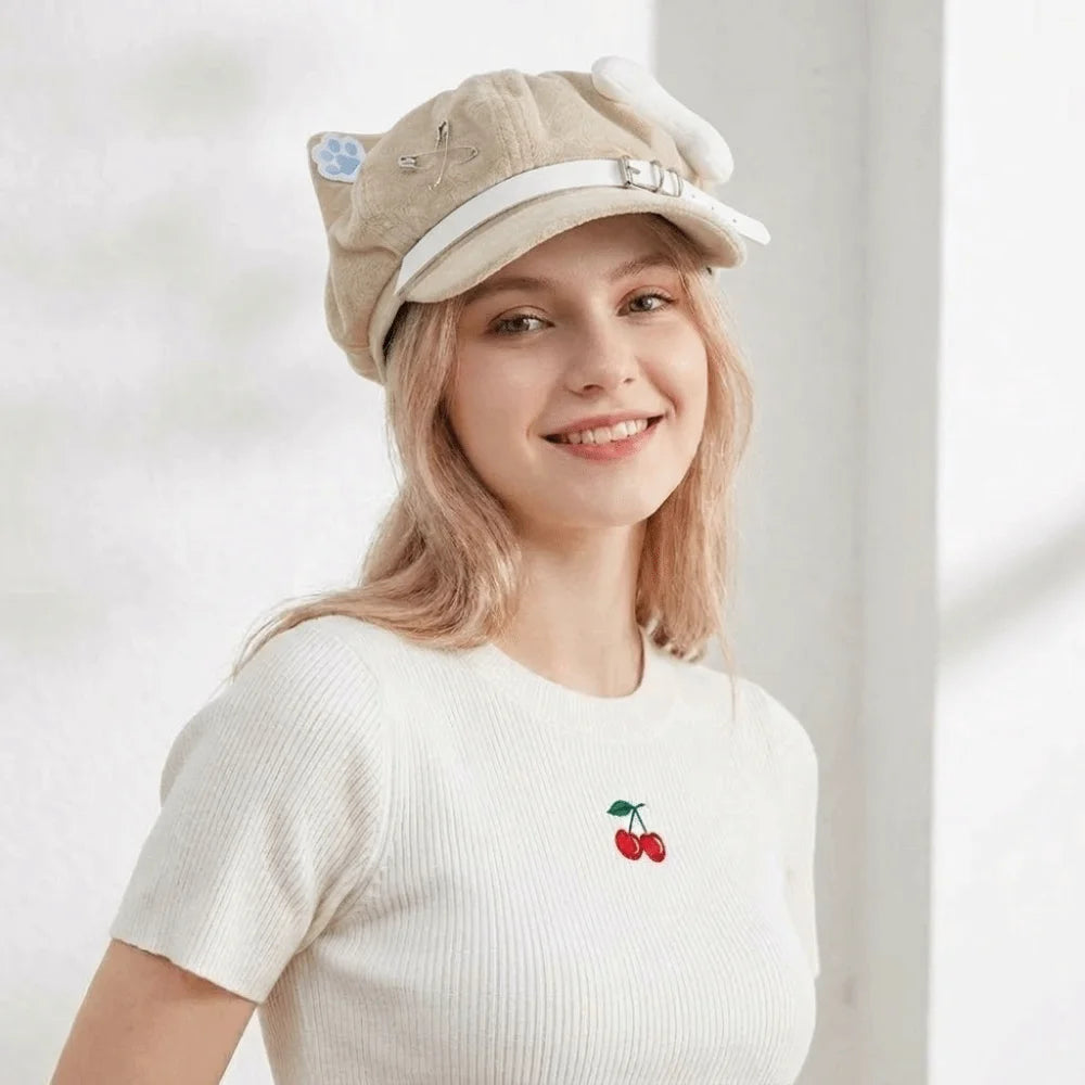 Cute Cat Ears Women's Beret Anime Cat Paw Pattern Newsboy Cap Japanese Style Sweet Baseball Cap Everyday Outfits