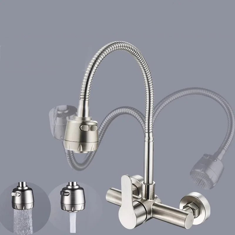 Wall Mount Kitchen Sink Faucet 304 Stainless Steel 2 Modes Hot and Cold Mixer Taps Double Hole Rotating Kitchen Faucets Brushed