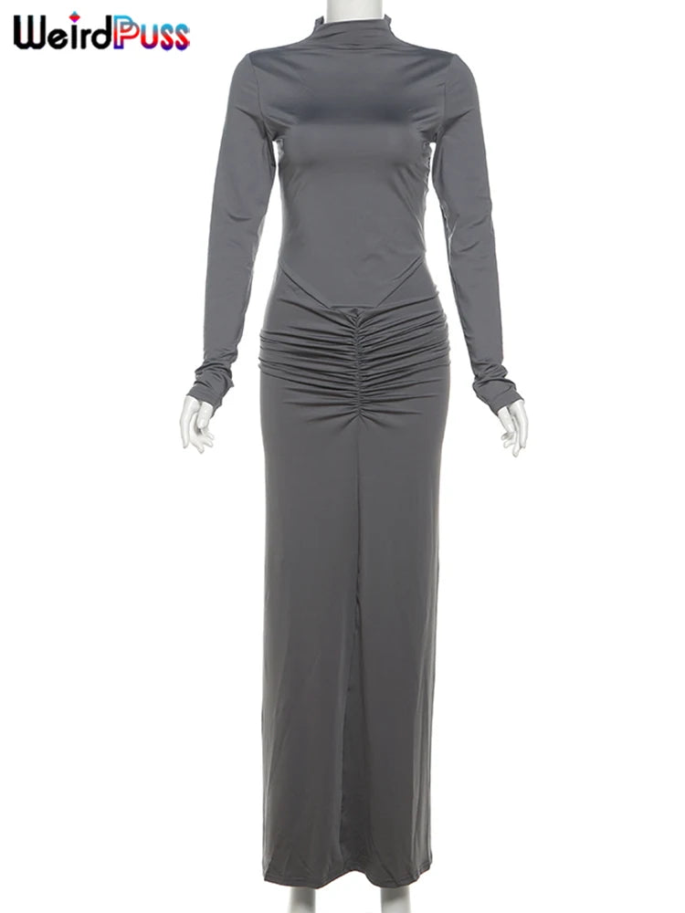 Weird Puss Hipster Ruched Dress Women O-Neck Full Sleeve Skinny Stretch Robe Autumn Trend Simple Classic Pleats Long Bodycon