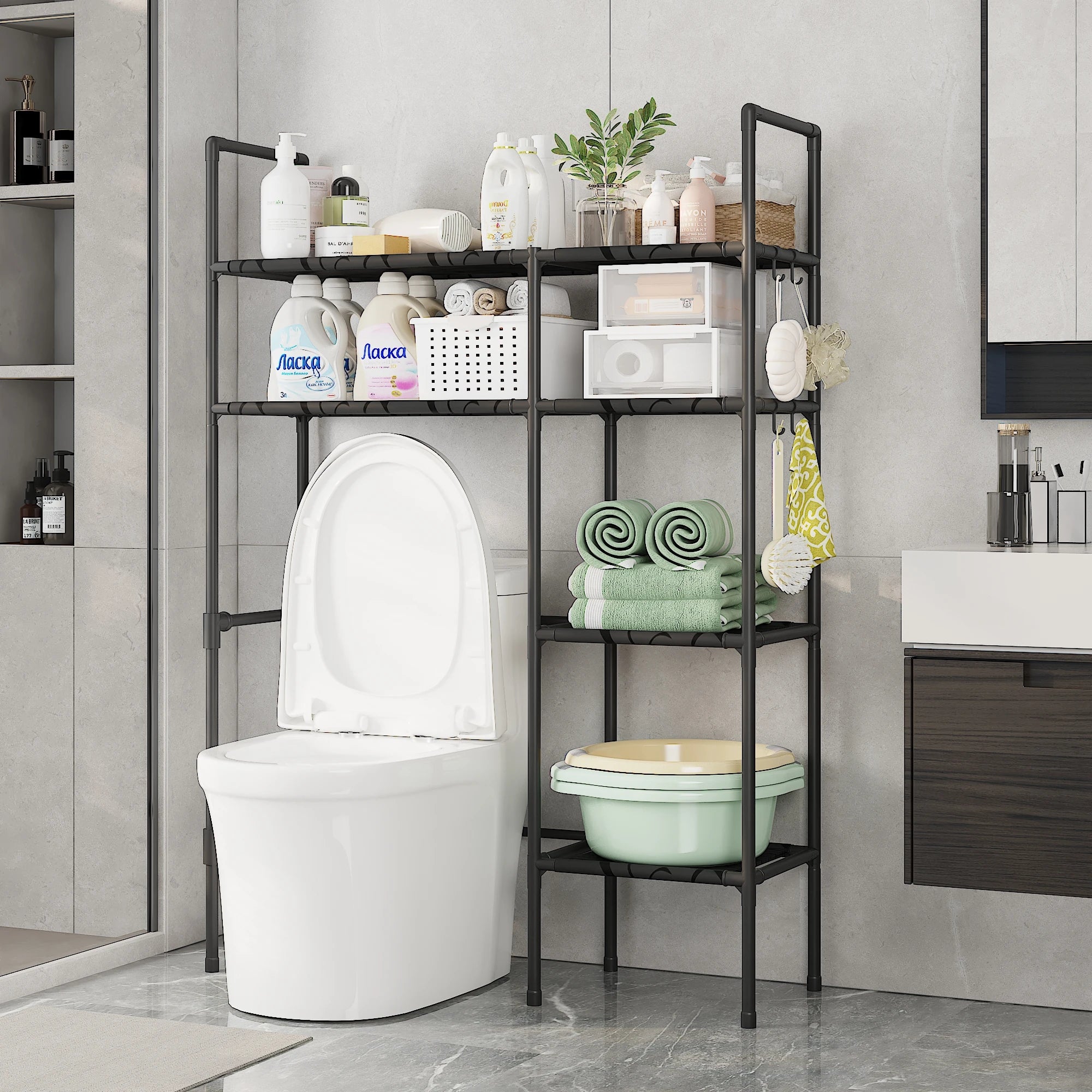2/3 Tier Bathroom Storage Cabinet - Space-Saving, Over-The-Toilet Storage Shelf, Easy to Assemble, Suitable for Bathroom Essentials with Rust-Proof Metal Frame and Plastic Dividers, Ideal for Storing Toiletries, Towels, and D