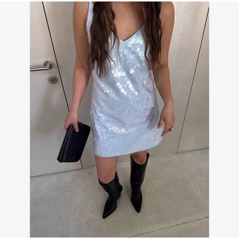 Mint Green Sequin Thin Strap Loose Mini Dress Glam Deep V Neck Sleeveless Bar Party Gown 2026 Nightclub Vacation Street Outfit