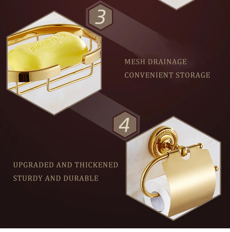 Luxury Gold Brass Bathroom Accessories Set,Robe hook,Paper Holder,Towel Bar,Towel Ring,bathroom sets, Gold Towel Rack,Soap Dish
