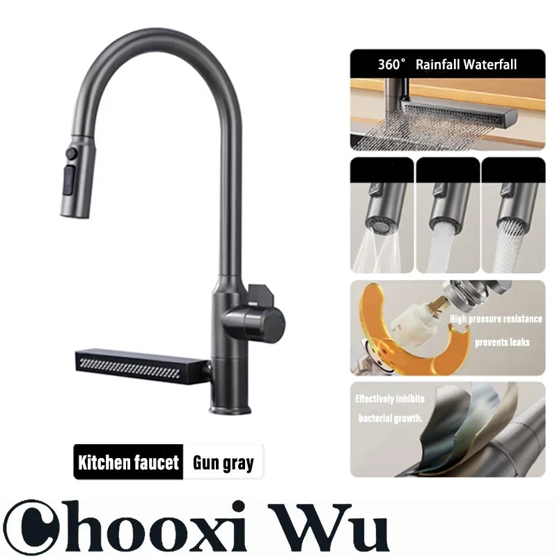 304 Stainless Steel Kitchen Faucet with Waterfall Sink Countertop Installation Hot Cold Mixer 360° Rotation for Kitchen