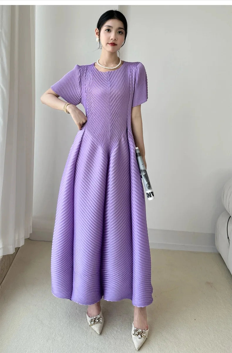 LANMREM High End Purple Pleated Women's Dress 2025 New Round Neck Short Sleeved Spliced Design Ball Gown Summer Dresses 2DB3489