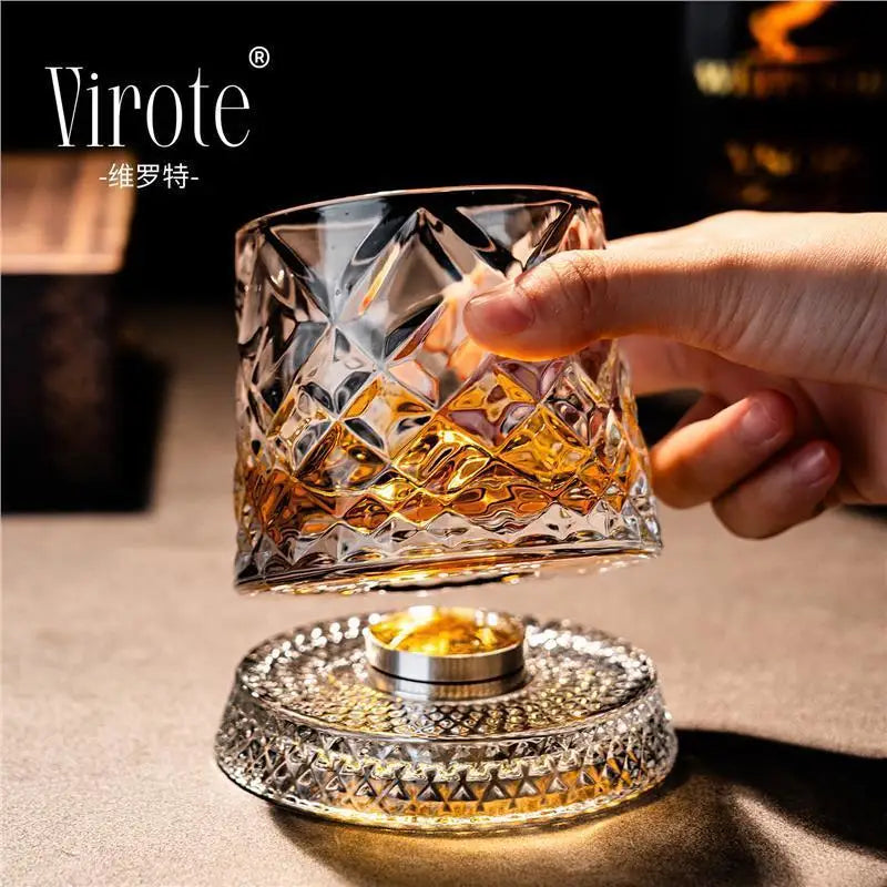 2026 New Whiskey Glasses Rotating Whisky Glass With Glass Base 360 Rotate Degrees Crystal Rum Glass For Cocktail Party Drinking