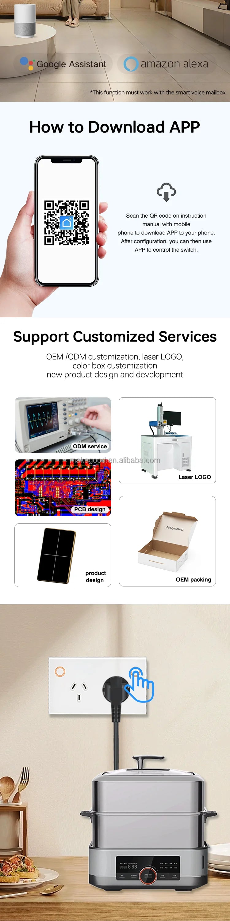 Customize Standard Wifi 2.4G 2400W Tempered Glass Panel Tuya App Smart Dual Power Point GPO Wall Socket