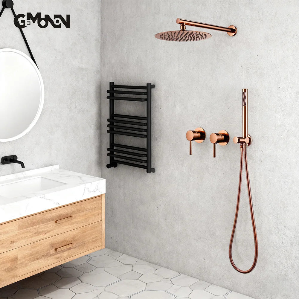 Wall Mounted Bathroom Shower Rainfall Shower Set Rose Gold Mixer Brass Faucet Hot Cold Water Mixer Tap With Head 8/10/12 Inch