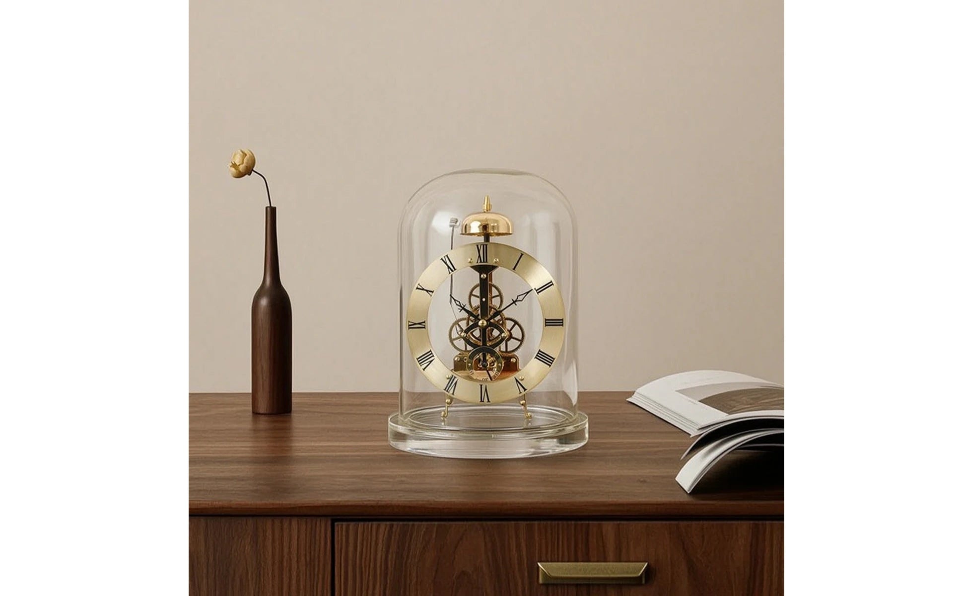 Clock with Glass Dome Mechanical-Style Quartz Skeleton Clock Retro Chiming for Collectors Living Room Home Office Decoration