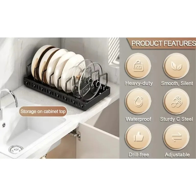 Kitchen Cabinet Pull Out Tray Organizer with Slide Rails Adjustable Storage Rack for Pots Pans and Dishes