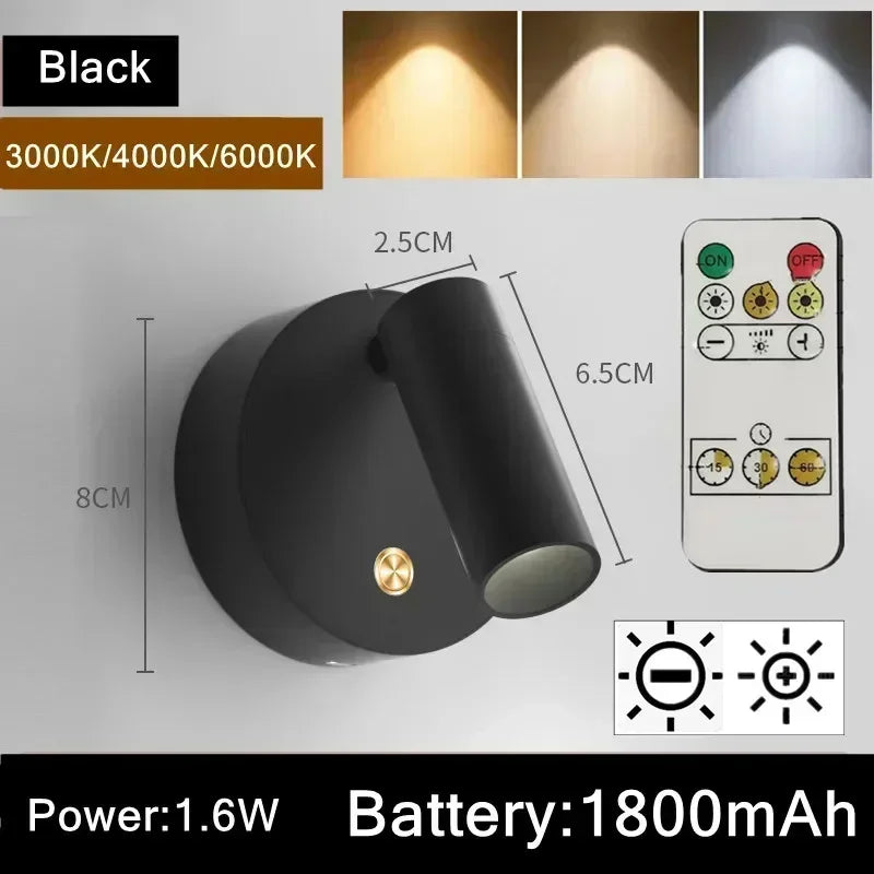 USB Rechargeable with Touch Switch Black Dimmable LED bedroom Wall Light White Magnet Magnetic base for Bedside Study Reading