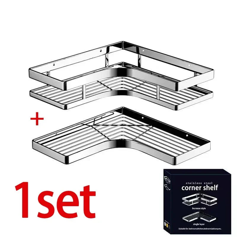 New Bathroom Organizer Storage Shelf Shower Corner Rack Stainless Steel Kitchen Organizer Corner Shelf No Drill Wall Rack