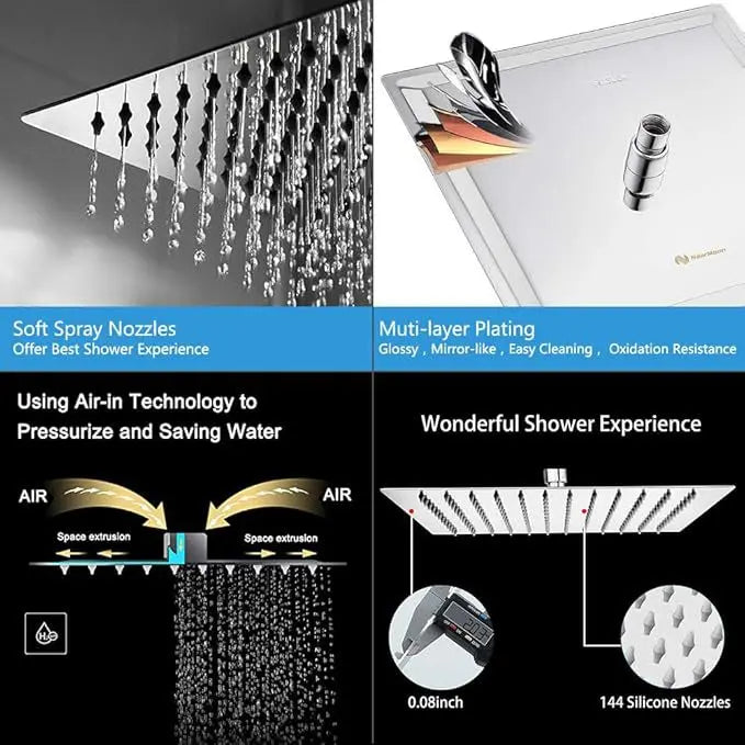 SUS304 Stainless Steel Rainfall Shower Head 15" Extension Arm High Pressure Ultra Thin Square Shower Set Single Chrome Finish